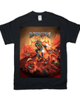 Black Gildan t-shirt with a "Meow" personalized pet design featuring a cat-like character in a fiery landscape.
