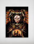Personalized 'Mettalicat' poster featuring a Sphynx cat in a black hooded robe with fiery wings, holding a moth over a gothic church.