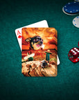 Personalized playing cards featuring a chihuahua pet portrait in a Mexican desert scene with sunset.