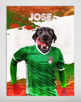Personalized 'Mexico Doggos Soccer' poster featuring a black lab in a green jersey with "JOSE" above.