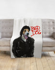 Personalized pet blanket with a dog in a "Michael Wooferson" style portrait, "BAD DOG" in red text.