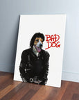 Personalized pet canvas featuring a dog's head on Michael Jackson's "Bad" album cover body, with "BAD DOG" in red.