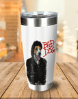 Personalized white stainless steel tumbler with a custom dog portrait in a "Bad Dog" Michael Jackson style.