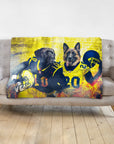 Personalized custom pet blanket featuring two dogs in football uniforms with a yellow grunge background.