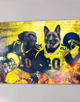 Personalized 'Michigan Doggos' canvas featuring two pets in yellow and blue football uniforms.