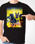 Black Gildan t-shirt with two dogs in yellow and blue football uniforms, one pointing.