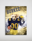 Personalized 'Michigan Doggos' poster featuring a dog in a navy and yellow football uniform, holding a helmet and ball.