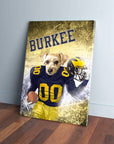 Personalized pet canvas featuring a dog in a blue and yellow Michigan football uniform, holding a helmet and football.
