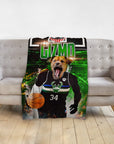 Personalized pet blanket featuring a dog in a Milwaukee Bucks basketball uniform.