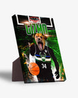Personalized pet standing canvas featuring a dog in a black basketball jersey with "GIZMO" and a hoop.