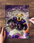 Personalized pet puzzle featuring a bulldog in a purple football uniform, holding a helmet.