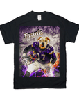 Black Gildan t-shirt with a personalized graphic of a bulldog in a purple football uniform, holding a helmet.