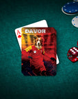 Personalized playing card featuring a dog in a red soccer uniform on a green felt table.