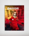 Personalized pet poster featuring a Border Collie in a red soccer jersey with a paw print logo, against a vibrant red and yellow background.