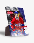 Personalized pet standing canvas featuring a dog in a red Montreal K9dians hockey jersey and blue helmet.