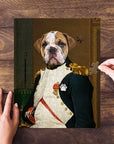 Personalized 'Napawleon' pet puzzle featuring a bulldog in a royal renaissance general's uniform.