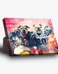 Personalized 2-pet standing canvas featuring dogs in New England Patriots football uniforms.