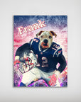 Personalized dog poster featuring a bulldog in a blue football uniform, holding a helmet, with "Frank" above.
