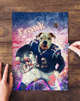 Personalized pet puzzle featuring a bulldog's head on a football player's body, named Frank.