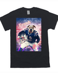 Black Gildan t-shirt with a personalized graphic of a dog in a Patriots football uniform holding a helmet.