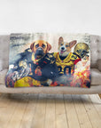 Personalized pet blanket with two dogs in New Orleans Saints football uniforms, on a gray sofa.