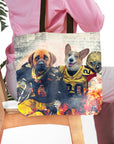 Personalized 2 pet tote bag with custom dog portraits in New Orleans Saints football uniforms.