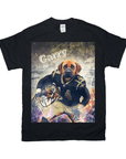 Black Gildan t-shirt with a personalized pet portrait of a dog in a New Orleans Saints football uniform.