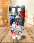 Personalized stainless steel tumbler with a German Shepherd pet portrait in a hockey uniform.