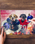 Personalized 2 pet puzzle featuring a bulldog and black lab in football uniforms, being assembled on wood.
