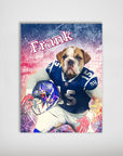 Personalized 'New York Doggos' poster featuring a bulldog in a blue football uniform, holding a helmet.