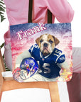 Personalized tote bag with a bulldog pet portrait in a football uniform, named Frank.