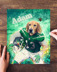 Personalized pet puzzle featuring a golden retriever in a green football uniform, with "Adam" text.