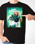 Black Gildan t-shirt with a golden retriever in a green New York Jets football uniform, personalized with "Adam.