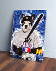 Personalized French Bulldog pet canvas in a New York Yankers baseball uniform, holding a bat.