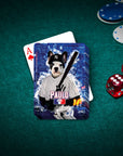 Custom New York Yankers playing card with a personalized French Bulldog pet portrait in a baseball uniform.