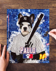 Personalized pet puzzle featuring a French bulldog in a baseball uniform and Yankees cap.