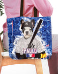Personalized tote bag featuring a French Bulldog pet portrait in a baseball uniform.