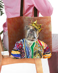 Personalized "Notorious D.O.G." tote bag with a bulldog pet portrait wearing a crown and colorful shirt.