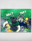 Personalized 'Notre Dame Doggos' poster featuring a pug and husky in football uniforms on a green field.