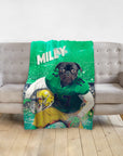 Personalized pet blanket with a pug in a green football uniform, holding a helmet.