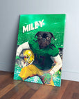 Personalized pet canvas featuring a pug in a green football uniform with a gold helmet and "MILLY" text.