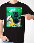 Black Gildan t-shirt featuring a pug in a green football uniform with a helmet, on a stadium background.