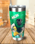 Personalized stainless steel tumbler with a custom portrait of a pug in a green football uniform.