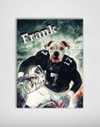 Personalized "Oakland Doggos" poster featuring a bulldog's head on a football player in a black Raiders uniform, holding a silver helmet.