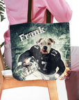 Personalized Oakland Doggos tote bag with a custom dog portrait in a football uniform.