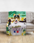 Personalized pet blanket with a corgi in a baseball uniform, "Pawthletics Cleve" design.