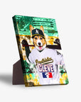 Oakland Pawthletics personalized standing canvas featuring a corgi in a baseball uniform with a bat.