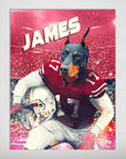 Personalized Ohio State Doggos poster featuring a Doberman in a red football jersey with name "JAMES.