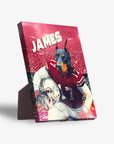 Personalized pet standing canvas featuring a Doberman in a red Ohio State football uniform with "JAMES" above.