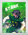 Personalized "Oregon Doggos" pet poster featuring a black dog in a green football uniform with "STARK" above.